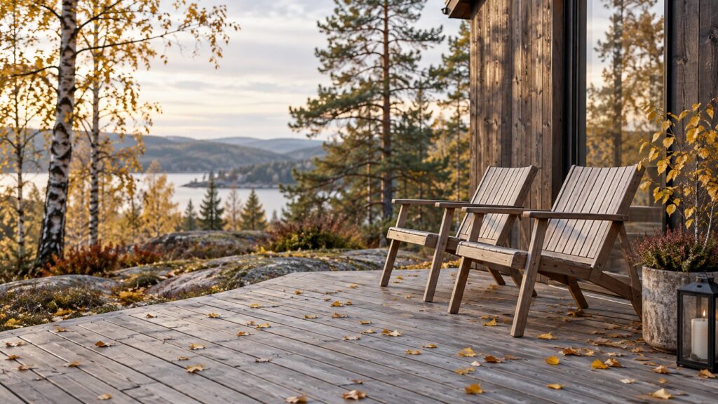To trestoler på en terrasse i et nordisk høstlandskap