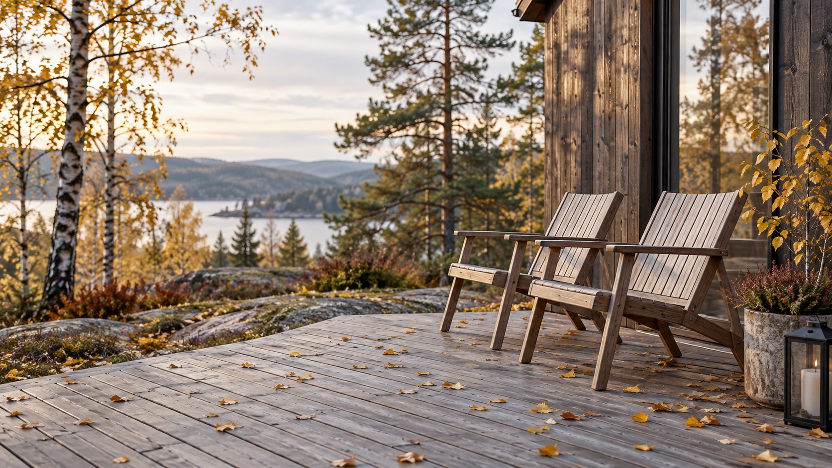 To trestoler på en terrasse i et nordisk høstlandskap