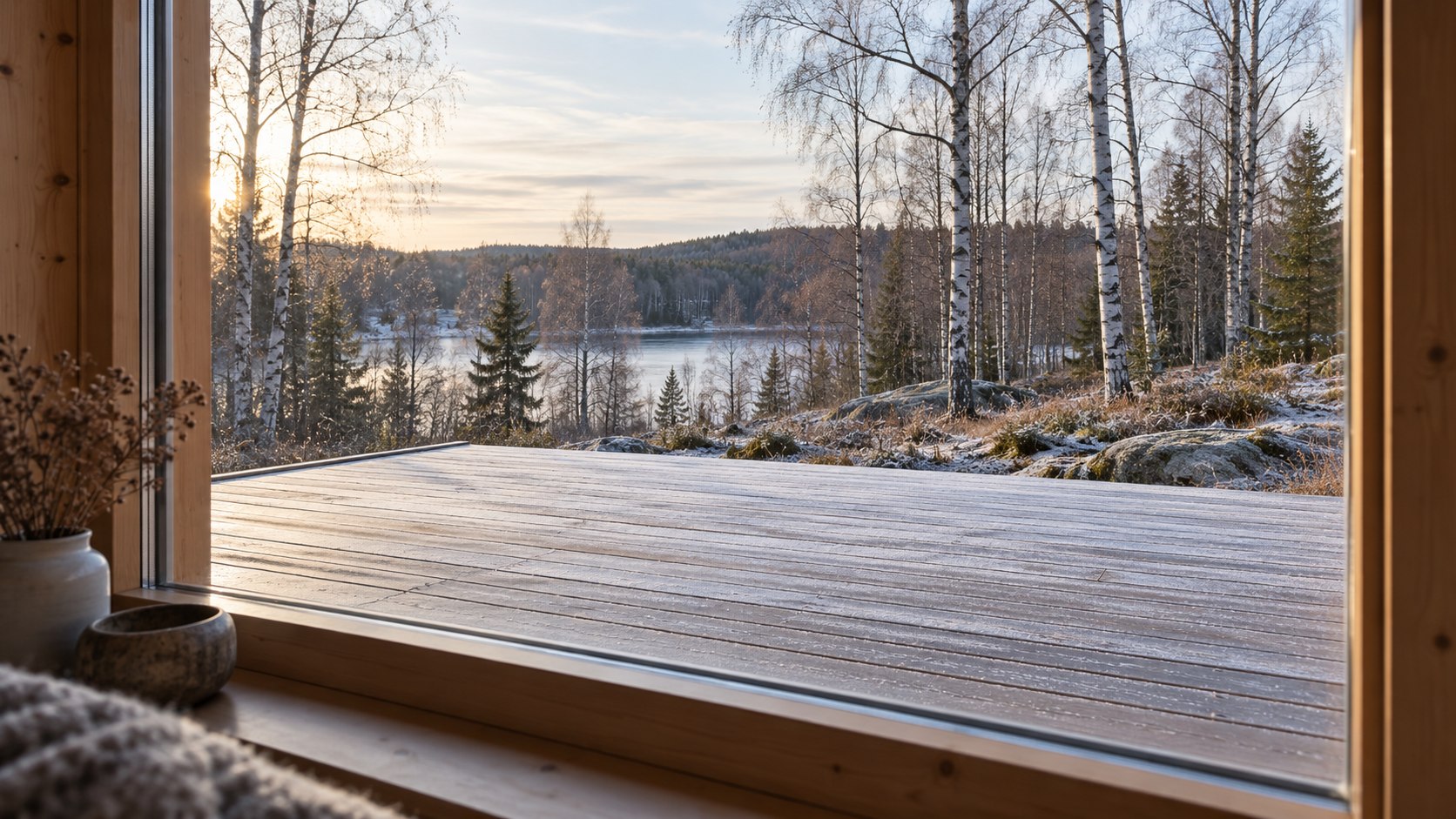 KI-illustrasjon av en tom terrasse i frost sett gjennom et hyttevindu